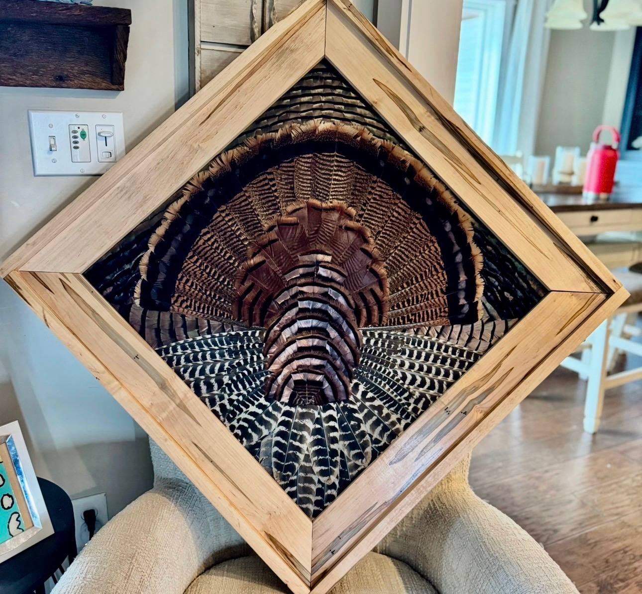 Turkey fan in a diamond-hung ambrosia maple frame above an armchair